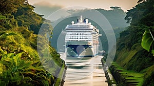 A Cruise Ship Passing Through The Panama Canal On Either Side Tropical Vegetation. Generative AI