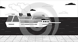 Cruise ship pier black and white line illustration