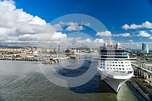 Cruise ship in the port. Barcelona. Spaine. Summer vacation and holiday