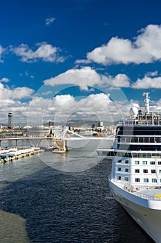 Cruise ship in the port. Barcelona. Spaine. Summer vacation and holiday