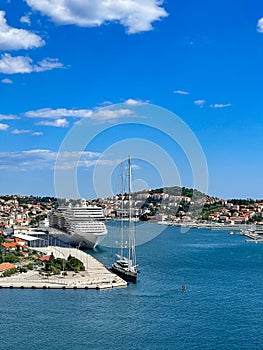 Cruise ship in the port of Dubrovnik on a sunny day