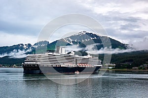 Cruise ship at port in Juneau, Alaska on a cloudy day