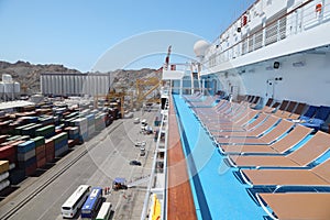 Cruise ship in port in right side of image