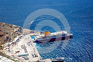 Cruise ship in the port of Santorini island.