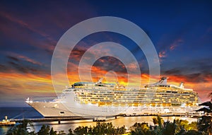 Cruise ship in port on sunset.