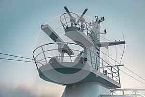 Cruise ship radar tower bridge in the evening, low angle view