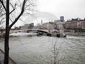 Cruise ship on the River Seine near the Notre Dame Cathedral in Paris