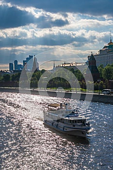 Cruise Ship is sailing along the Moskva River, Moscow