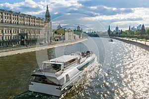 Cruise Ship is sailing along the Moskva River, Moscow