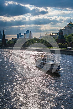 Cruise Ship is sailing along the Moskva River, Moscow