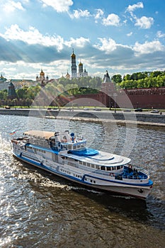 Cruise Ship is sailing along the Moskva River, Moscow