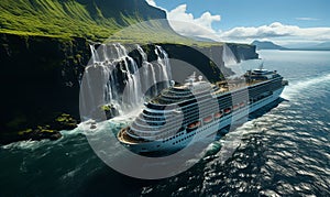 Cruise Ship Sailing Near Waterfall