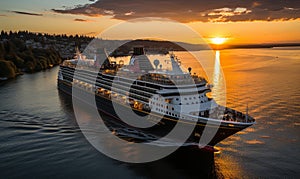 Cruise Ship Sailing in Ocean at Sunset