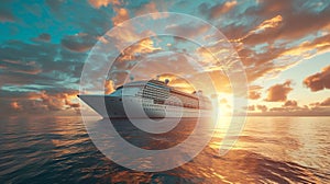 Cruise Ship Sailing in Ocean at Sunset