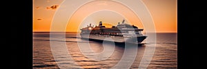 A cruise ship sailing in the ocean at sunset. AI generative image.