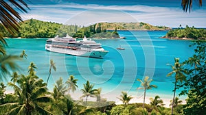 A Cruise Ship Sailing Through The Remote Islands Of The South Pacific With Palm Trees. Generative AI photo
