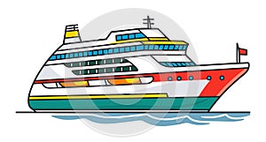 Cruise ship sailing on water, colorful modern vessel at sea. Ocean liner travel and maritime transport vector