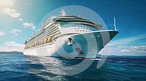 Cruise ship sails through the sea close-up. Generative AI.