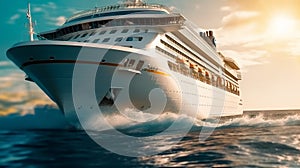 Cruise ship sails through the sea close-up. Generative AI.