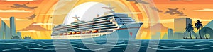 Cruise ship in sea with mountains at sunset panorama, illustration