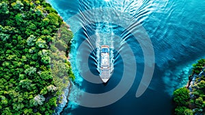 A cruise ship is seen sailing in the water of a tropical bay from an overhead perspective