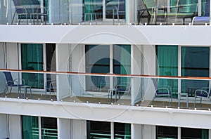 Cruise ship side view with balconies close up.