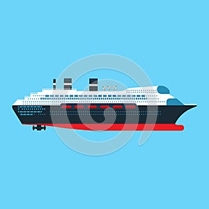 Cruise ship side view vector flat icon. Ocean boat travel journey transport. Sea luxury blue vessel vacation. Summer large liner