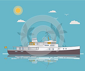 Cruise ship of silhouettes of palm trees in flat style a vector.