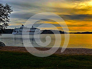 Cruise ship in Stockholm Archipelago sunset