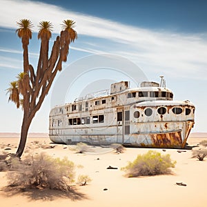 Cruise ship stranded in the desert due to climate change - AI generated illustration