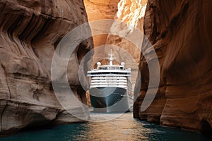 A cruise ship successfully navigates through a narrow slot in a majestic canyon, Cruise ship passes a narrow canyon of rock, AI