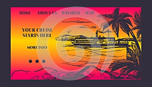 Cruise ship for summer travel vector illustration. Seaway cruiseliner in sea near palm beach. Illustration of sunset