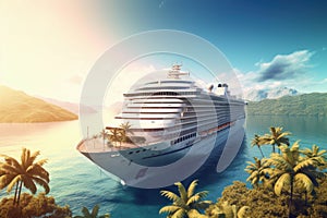 Cruise ship with swimming pool, in the port with palm trees with beautiful sunlight.