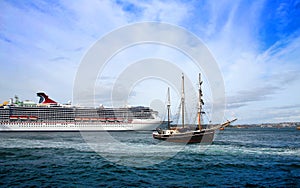 Cruise ship and tall ship in Sidney harbor photo