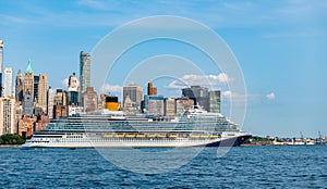 Cruise ship York. Skyline of New York Manhattan cruising on the Hudson River cruise liner. New york cruise lines ships