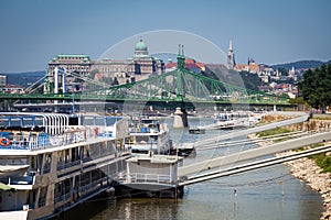 Cruise ships docked on Danube river shore in Budapest