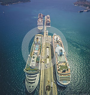 Cruise ships docked at the port of Corfu Greece. Aerial view.