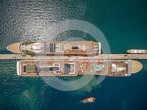 Cruise ships docked at the port of Corfu Greece. Aerial view.