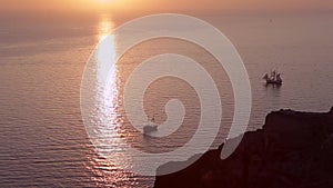 Cruise Ships Offshore Thira on Santorini Island in Greece Before the Sunset