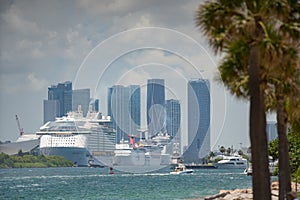 Cruise ships at Port of Miami with downtown in background