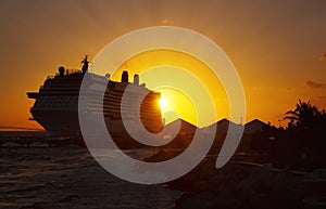 Cruise ships in port on sunset