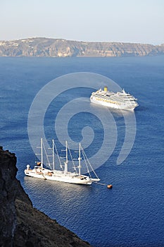Cruise Ships in Santorini from Greece Islands, Aerial View.
