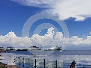 Cruise ships  seagulls  blue sky and white cloudsï¼ˆ2ï¼‰