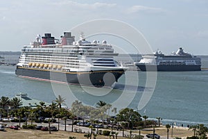 Cruise ships underway. Port Canaveral, Florida, USA