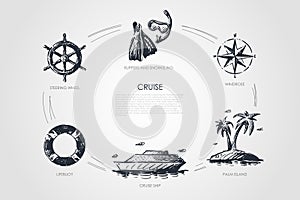 Cruise - steering wheel, lifebuoy, cruise ship, palm island, windrose, flippers and snorkeling vector concept set