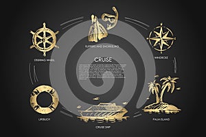 Cruise - steering wheel, lifebuoy, cruise ship, palm island, windrose, flippers and snorkeling vector concept set