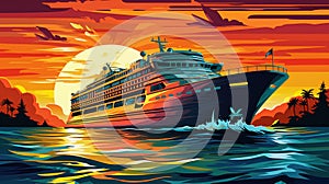 Cruise into the sunset cartoon illustration - Generative AI. Sunset, cruise, ship, ocean.