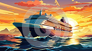 Cruise into the sunset cartoon illustration - Generative AI. Sunset, cruise, ship, ocean.