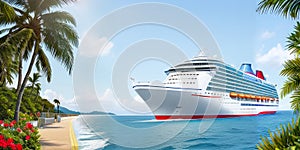 Cruise To Caribbean With Palm tree On Beach. Luxury cruise ship sailing to port on sunrise. Generative AI