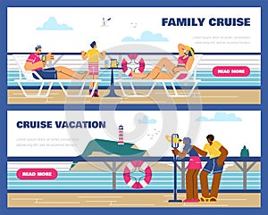 Cruise vacation with family, set of advertising web banners, flat vector illustration.